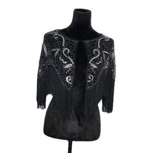 Unbranded Vintage Black Mesh Sheer Beaded Sequins Evening Shawl Wrap Fringe Euc